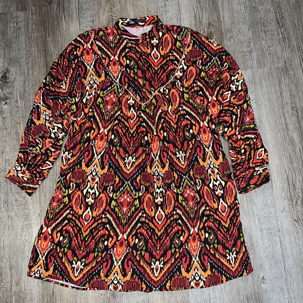 💎ZARA Tunic Dress Women's Red Ikat Print Kaftan Boho Festival Colorful XS